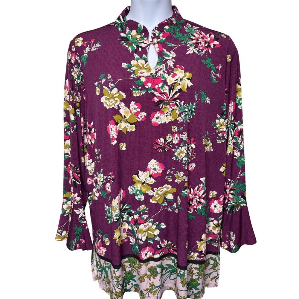 SUSAN GRAVER Purple Floral Tunic Top 2X Bell Sleeve‎ Art to Wear Modest Office